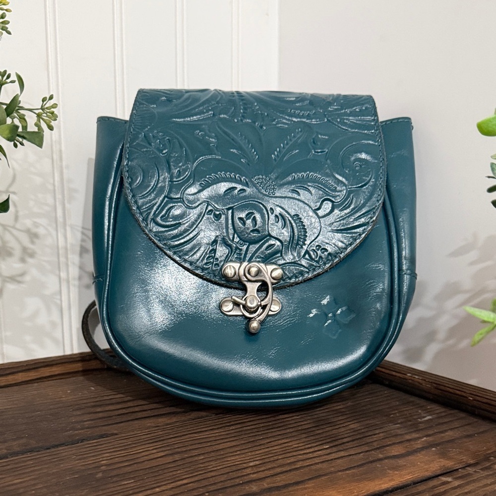 Patricia Nash Rocco Tooled Saddle Teal Embossed Leather Crossbody Bag
